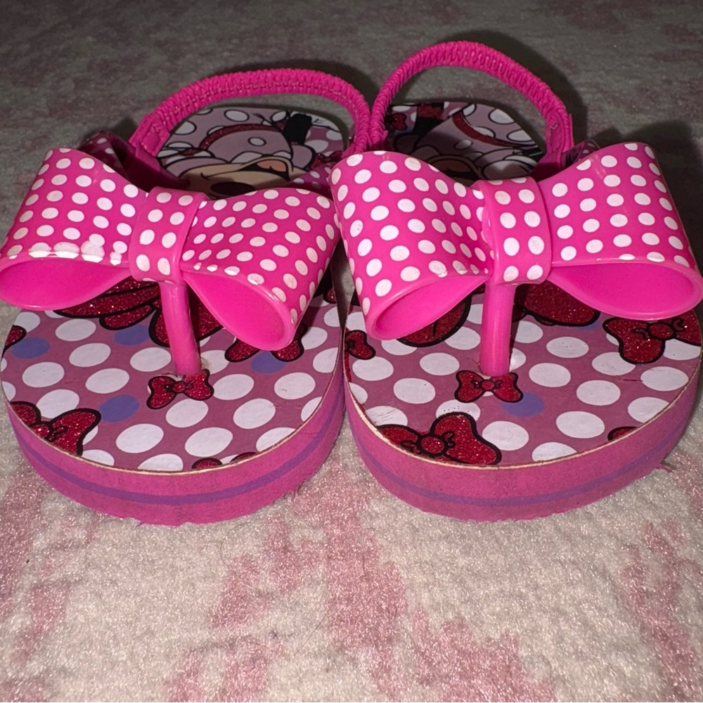 Disney Minnie Mouse Pink Polka Dot Bow Flip Flops Toddler Girl size 7-8 - Picture 5 of 8